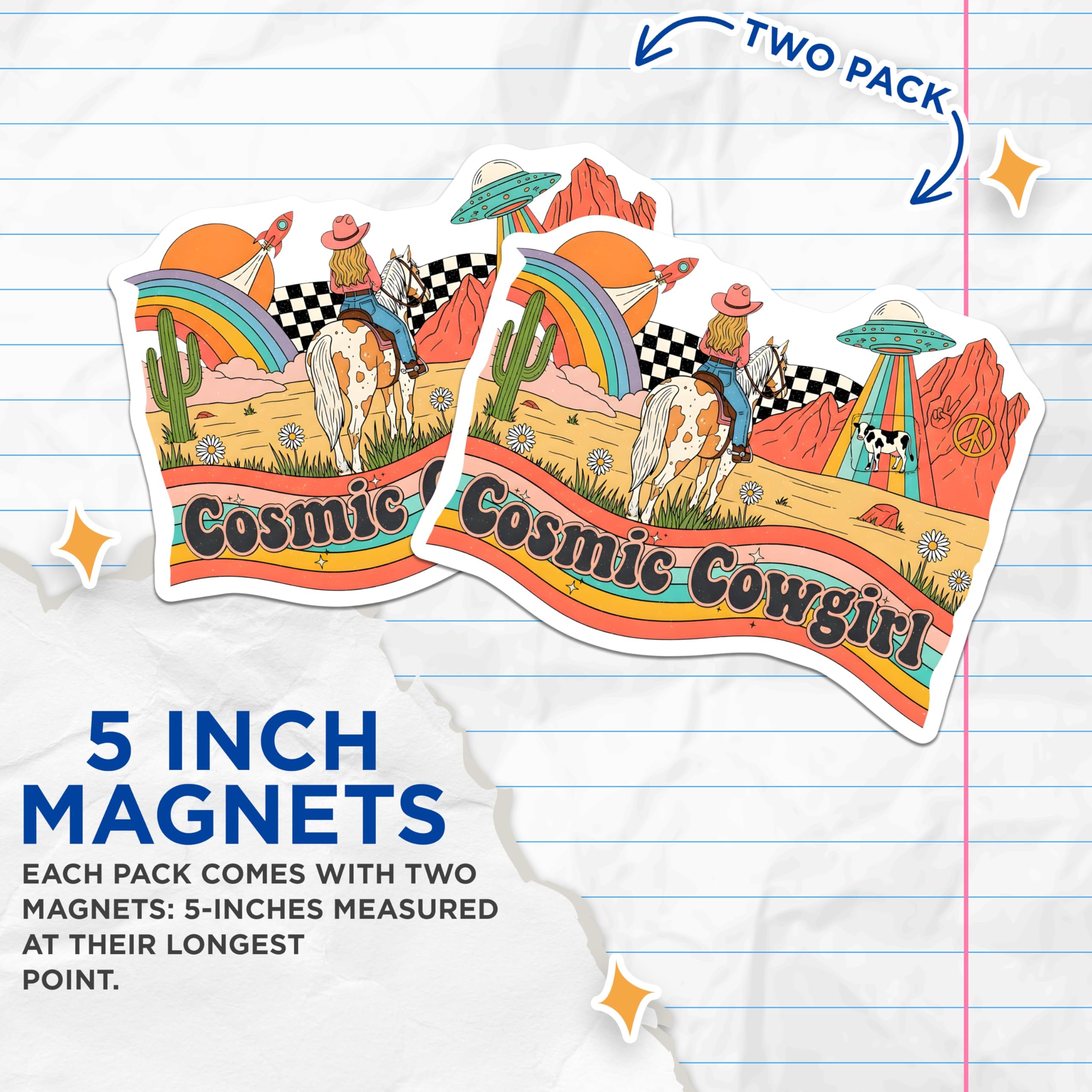 (2 Pack) Cosmic Cowgirl Magnets - Retro Western Art - Space Cowgirl Art - 5" On Longest Side - Premium Magnet - for Cars, Refrigerators, Toolboxes, Lockers - Made in USA - MAG15316