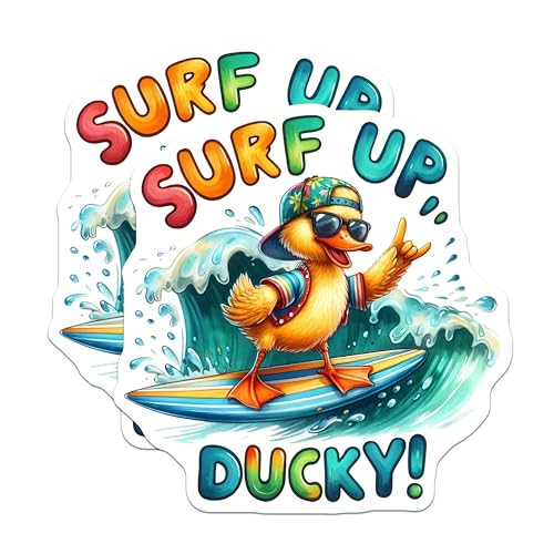 (2 Pack) Surf Up Ducky Stickers - Cute Animal Stickers - Surfing Duck - 5" On Longest Side - Sticks to Smooth Flat Surfaces - Made in USA - BMCS6355