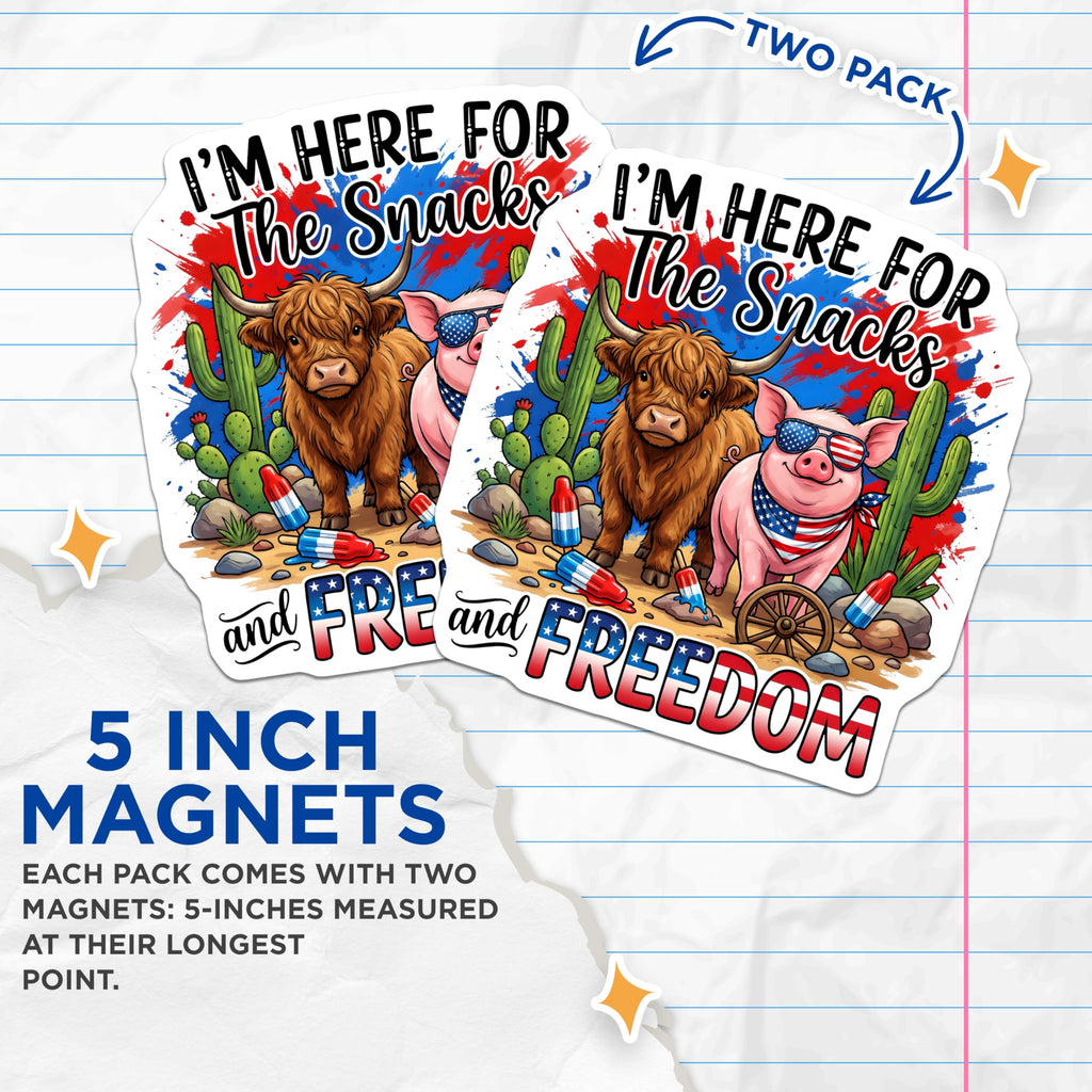 (2 Pack) Patriotic Animal Magnets - Snacks Freedom Quote - 4th of July Kitchen Decor - Farmhouse Americana - 5 Inches On Longest Side - Thick Durable Magnet - Made in USA - MAG26075