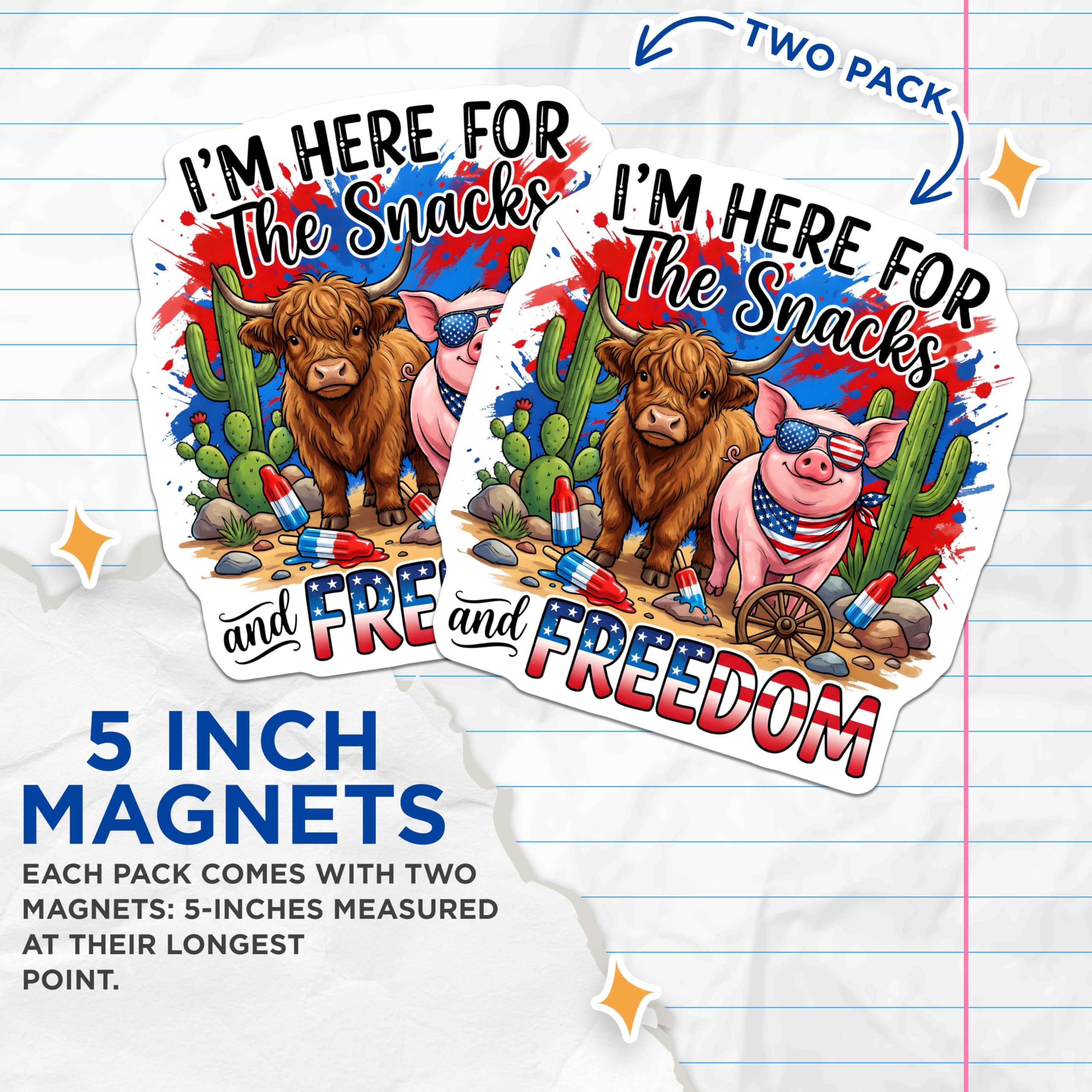 (2 Pack) Patriotic Animal Magnets - Snacks Freedom Quote - 4th of July Kitchen Decor - Farmhouse Americana - 5 Inches On Longest Side - Thick Durable Magnet - Made in USA - MAG26075