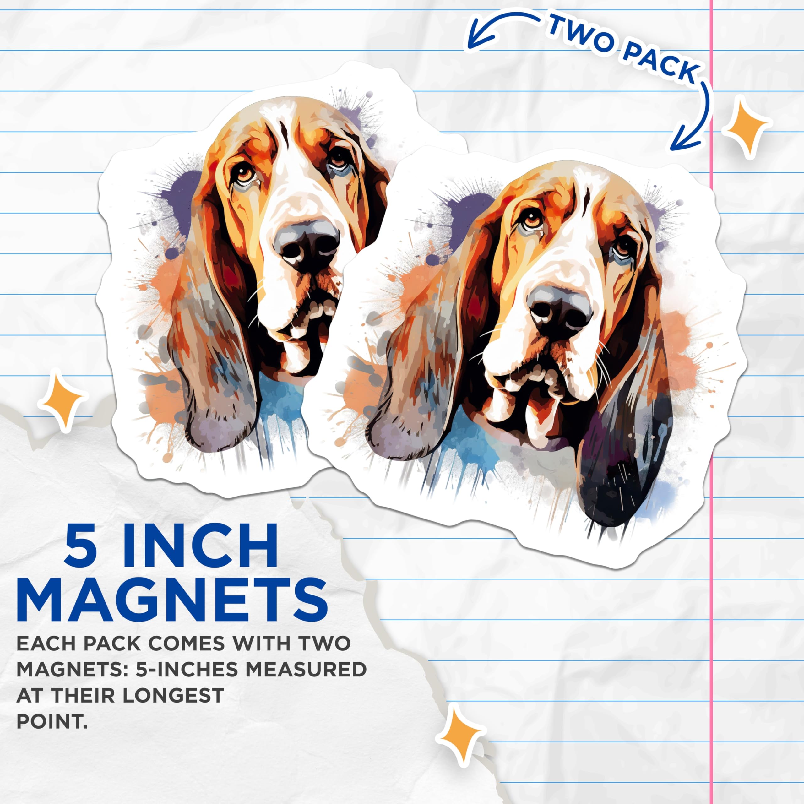 (2 Pack) Basset Hound Dog Magnets - Watercolor Dog Art - Pet Lover Fridge Display - 5 Inches On Longest Side - Thick Durable Magnet - Made in USA - MAG23545