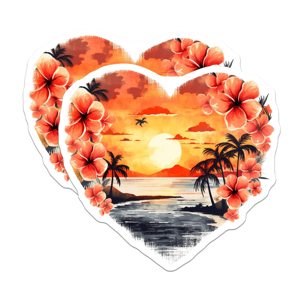 (2 Pack) Tropical Sunset Heart Magnets - Hawaiian Beach Paradise Decor - Palm Tree Ocean Scene - Summer Vacation Vibes Fridge - 5 Inches On Longest Side - Thick Durable Magnet - Made in USA - MAG20998