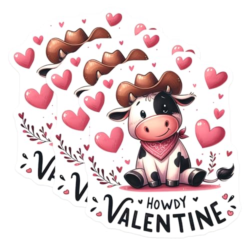 (3 Pack) Howdy Valentine Decals - Cowboy Cow Sticker - Cute Laptop Decal - 3 Inches On Longest Side - Easy Peel & Apply - Made in USA - 3MCS1917