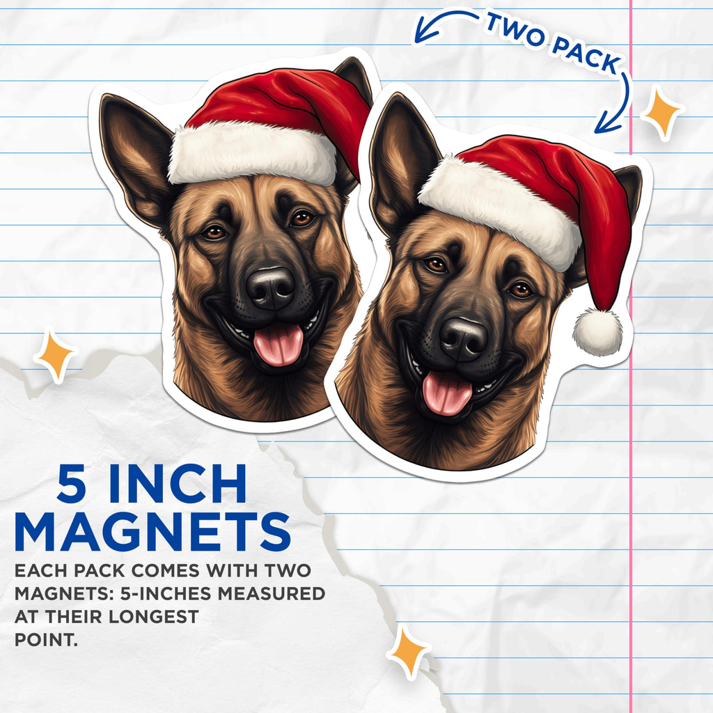 (2 Pack) German Shepherd Christmas Magnets - Santa Hat Dog Decor - Holiday Animal Lover Item - 5 Inches On Longest Side - Thick Durable Magnet - Made in USA - MAG27404