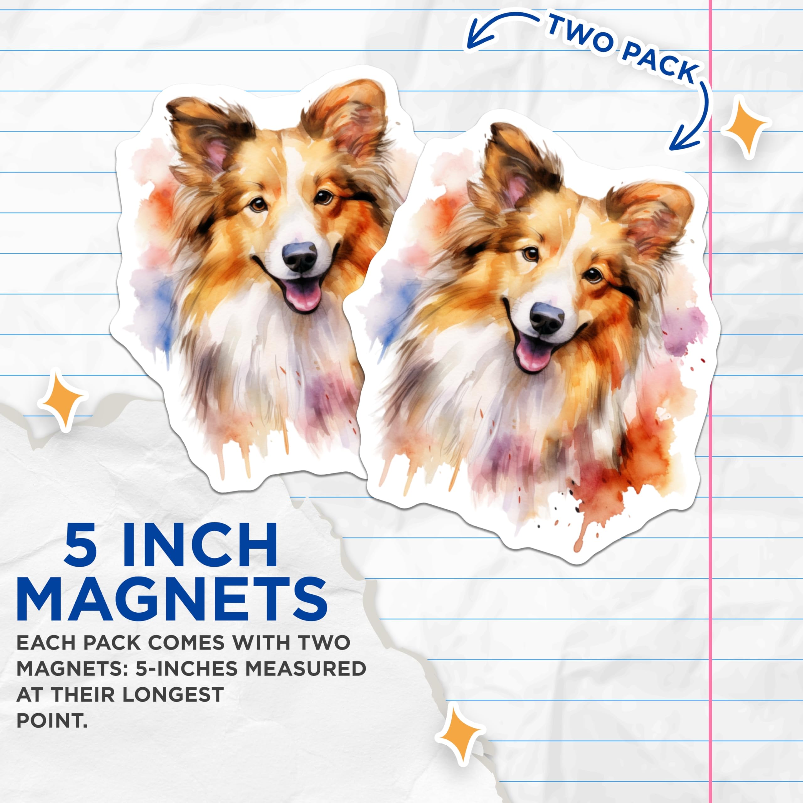 (2 Pack) Watercolor Dog Magnets - Happy Collie Art - Pet Owner Fridge Decor - 5 Inches On Longest Side - Thick Durable Magnet - Made in USA - MAG29259