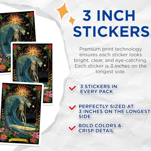 (3 Pack) Skeleton Surfer Decals - Tropical Beach Art - Laptop Decals - 3 Inches On Longest Side - Easy Peel & Apply - Made in USA - 3MCS0019