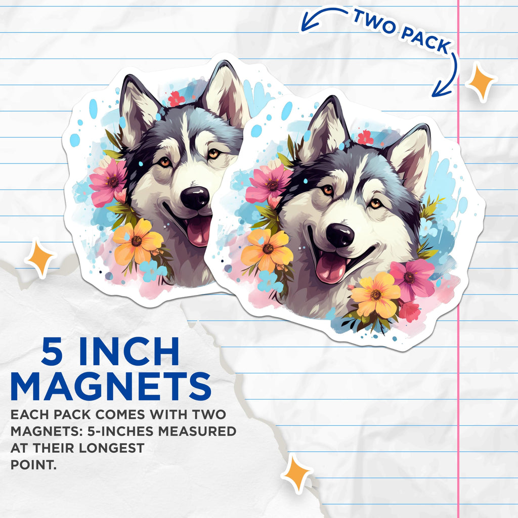 (2 Pack) Siberian Husky Magnets - Floral Dog Art - Happy Pet Lover Decor - 5 Inches On Longest Side - Thick Durable Magnet - Made in USA - MAG24572