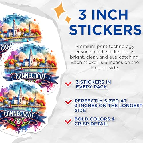 (3 Pack) Connecticut Decals - State Pride Stickers - Laptop Decal- 3 Inches On Longest Side - Easy Peel & Apply - Made in USA - 3MCS5555