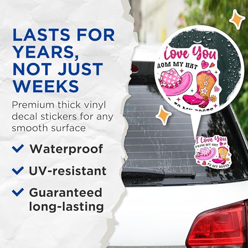 (2 Pack) I Love You Stickers - Cowboy Hat Boot Stickers - Valentine Stickers for Cowboy Lover - 5" On Longest Side - Sticks to Any Smooth Flat Surface - Made in USA - BMCS3614