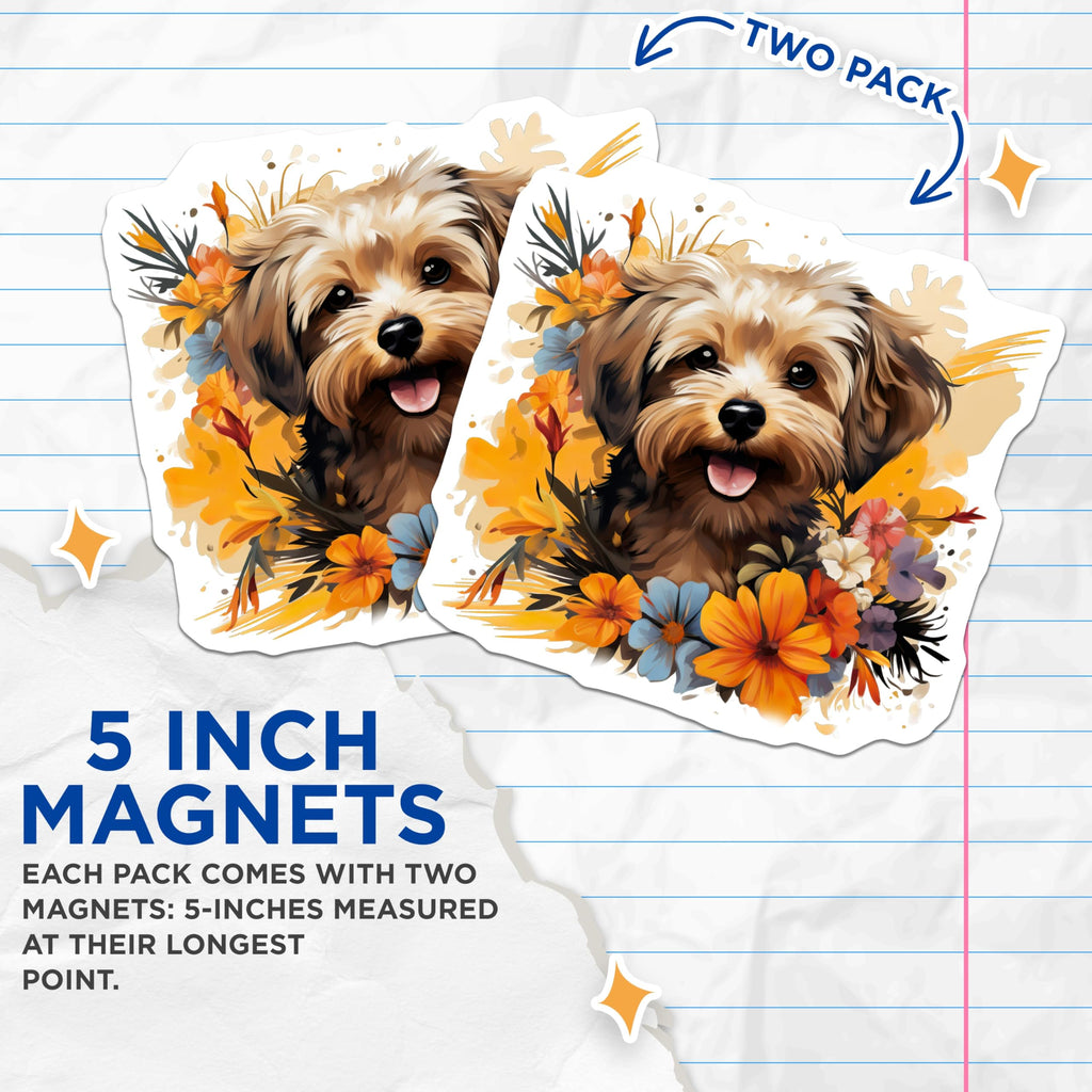 (2 Pack) Sweet Dog Magnets - Artistic Floral Puppy Decor - Happy Canine Pet Lover Refrigerator Locker - 5 Inches On Longest Side - Thick Durable Magnet - Made in USA - MAG24573