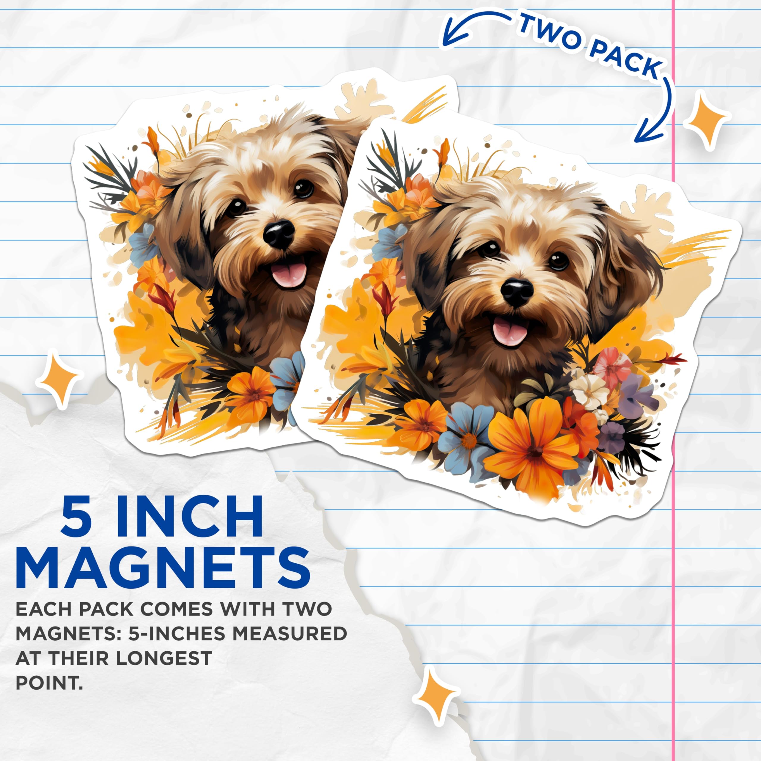 (2 Pack) Sweet Dog Magnets - Artistic Floral Puppy Decor - Happy Canine Pet Lover Refrigerator Locker - 5 Inches On Longest Side - Thick Durable Magnet - Made in USA - MAG24573