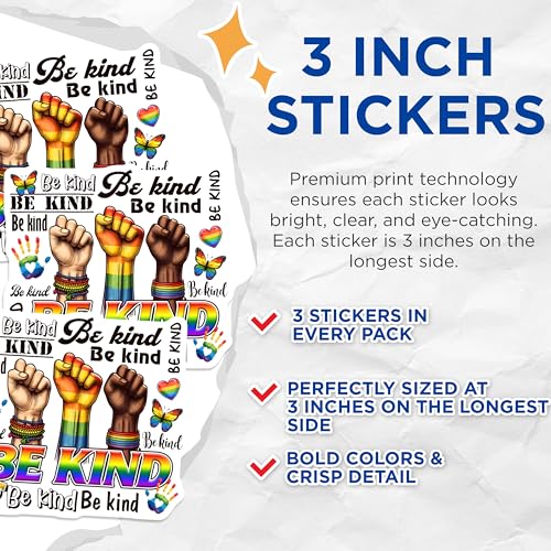 (3 Pack) Be Kind Decals - Pride Decals - Inspirational Stickers - 3 Inches On Longest Side - Easy Peel & Apply - Made in USA - 3MCS7026