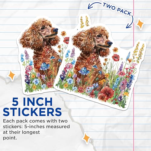 (2 Pack) Poodle Dog Floral Stickers - Cute Pet Art - Vibrant Flowers Design - 5" On Longest Side - Sticks to Smooth Flat Surfaces - Made in USA - BMCS7277