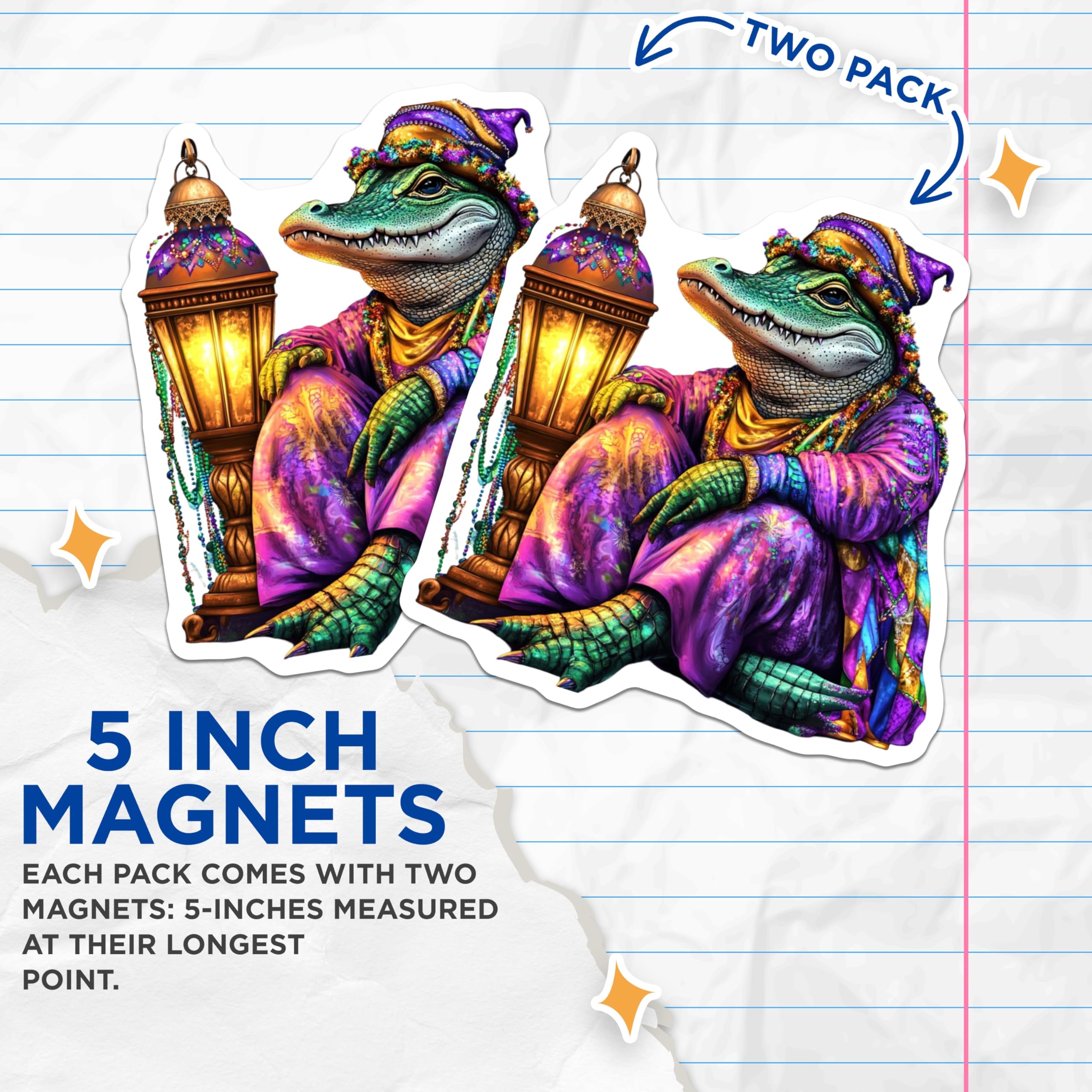 (2 Pack) Mardi Gras Alligator Magnets - Louisiana Decor - Bayou Alligator Fridge Magnets - 5" On Longest Side - Premium Magnet - for Cars, Refrigerators, Toolboxes, Lockers - Made in USA - MAG14083
