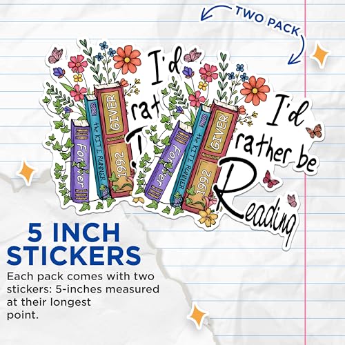 (2 Pack) Book Lover Stickers - I'd Rather Be Reading Stickers - Literary Quote Stickers - 5" On Longest Side - Sticks to Any Smooth Flat Surface - Made in USA - BMCS2918