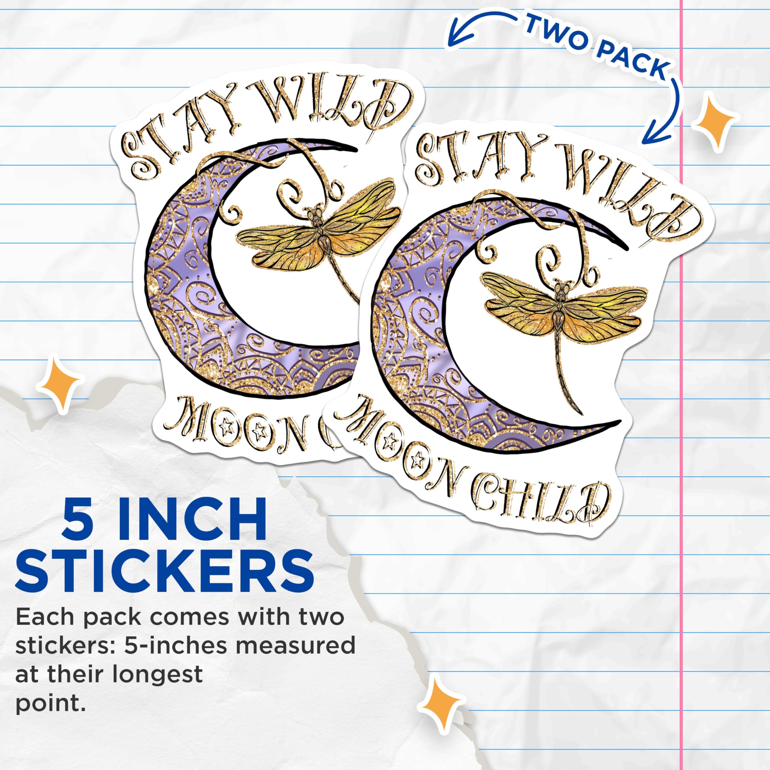 (2 Pack) Stay Wild Moon Child Stickers - Inspirational Quote Decal - Dragonfly Moon Stickers - 5" On Longest Side - Sticks to Smooth Flat Surfaces - Made in USA - BMCS4185