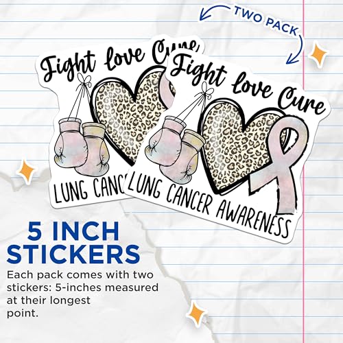 (2 Pack) Fight Love Cure Stickers - Lung Cancer Awareness Stickers - Animal Print Ribbon Boxing Gloves Stickers - 5" On Longest Side - Sticks to Smooth Flat Surfaces - Made in USA - BMCS4290