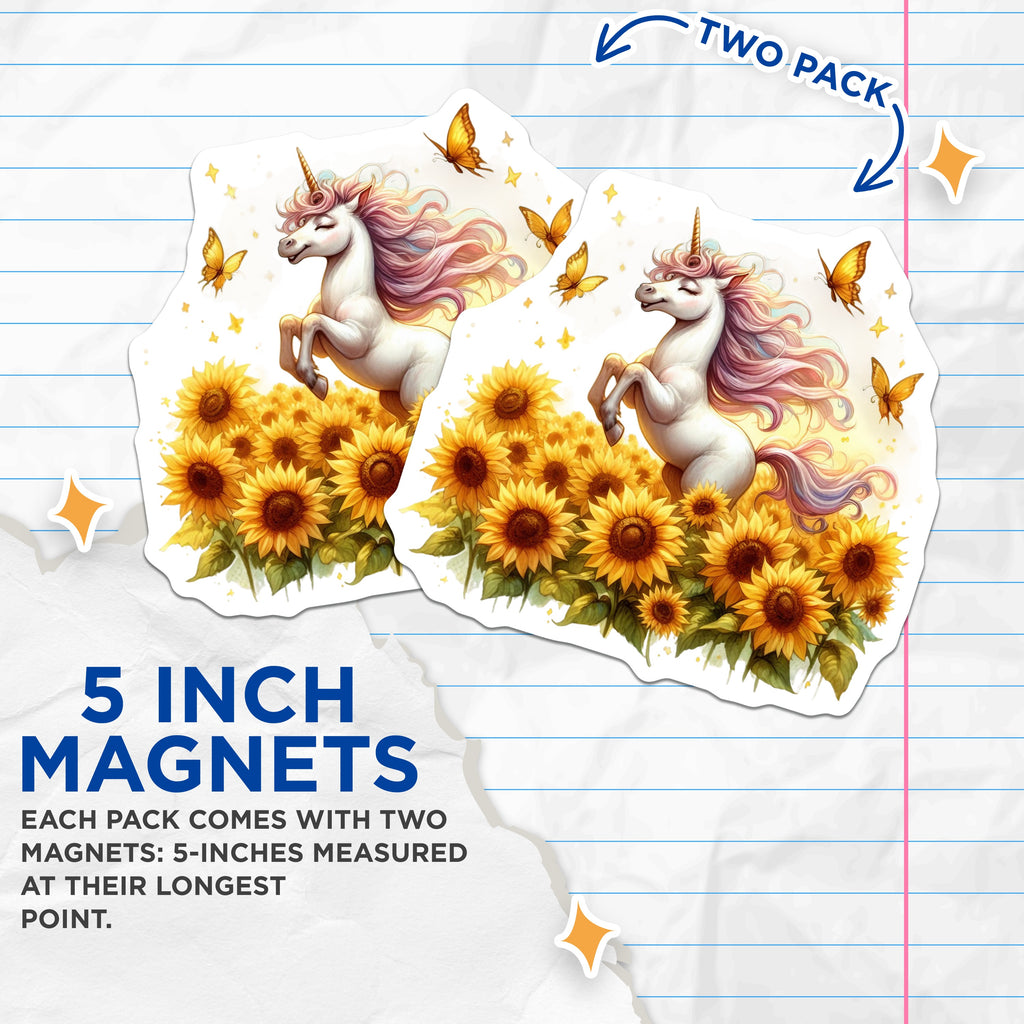 (2 Pack) Magical Unicorn Sunflower Magnets - Whimsical Fantasy Decor - Refrigerator Locker Office Art - 5 Inches On Longest Side - Thick Durable Magnet - Made in USA - MAG36027