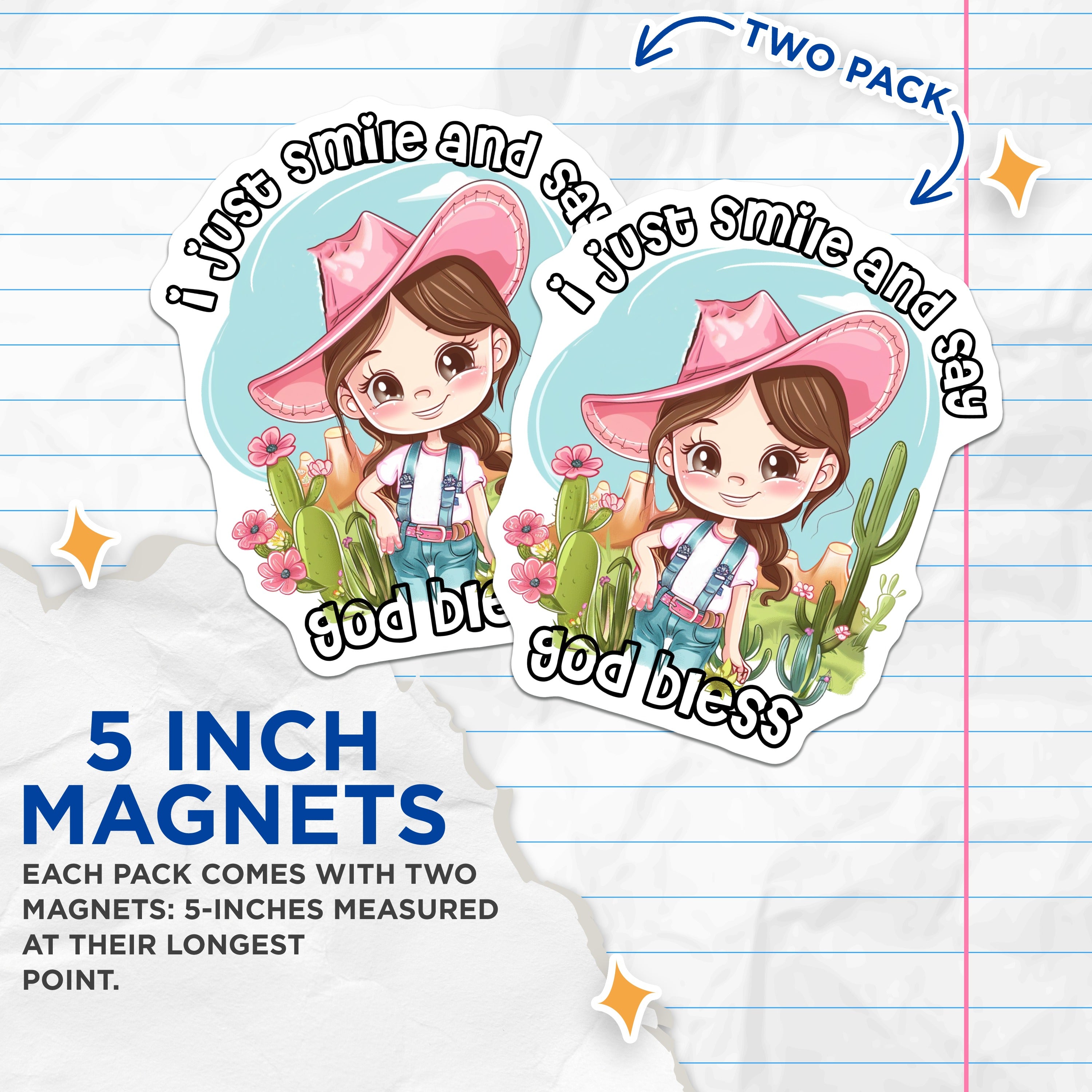 (2 Pack) Cute Cowgirl Magnets - God Bless Quote - Western Desert Decor - Positive Vibe Refrigerator Magnets - 5 Inches On Longest Side - Thick Durable Magnet - Made in USA - MAG36484