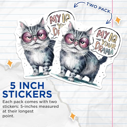 (2 Pack) Funny Cat Stickers - IQ Your Drama - Sarcastic Pet Humor - 5" On Longest Side - Sticks to Smooth Flat Surfaces - Made in USA - BMCS8558 - Laptop and Water Bottle Decoration
