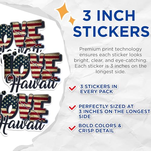 (3 Pack) Love Hawaii Decals - USA Flag Decor - Patriotic Laptop Decal - 3 Inches On Longest Side - Easy Peel & Apply - Made in USA - 3MCS0302