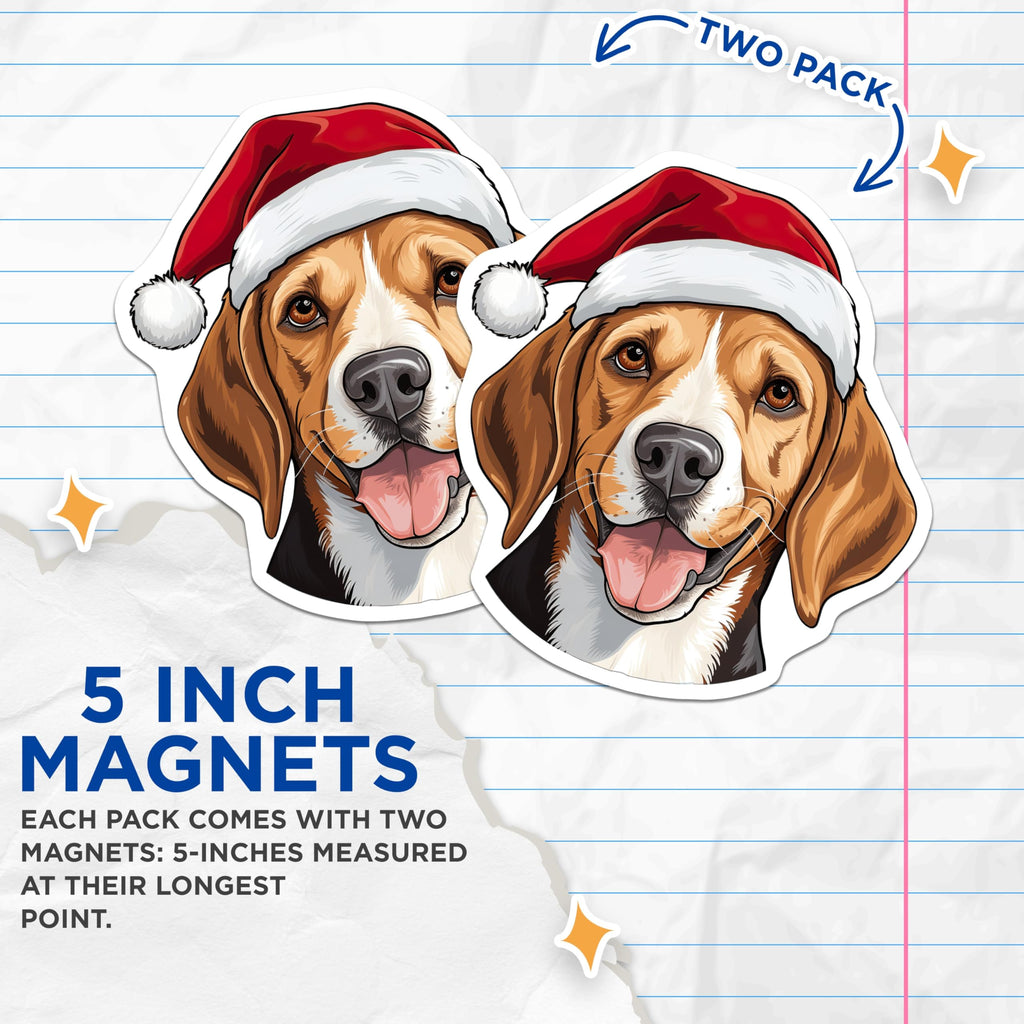 (2 Pack) Christmas Beagle Magnets - Santa Dog Holiday Decor - Pet Lover Refrigerator Accent - Dog Mom Stocking Stuffer - 5 Inches On Longest Side - Thick Durable Magnet - Made in USA - MAG28338