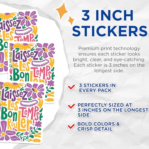 (3 Pack) Laissez Les Bons Temps Rouler Decals - Cajun Quote Stickers - Mardi Gras Decor - 3 Inches On Longest Side - Easy Peel & Apply - Made in USA - 3MCS2893