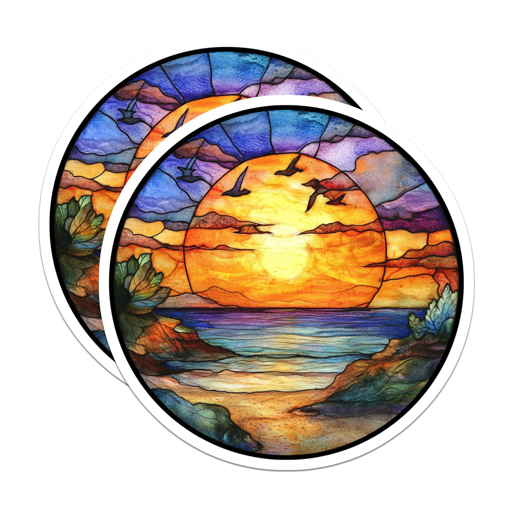 (2 Pack) Stained Glass Sunset Ocean Magnets - Vibrant Beach Landscape Decor - Coastal Refrigerator Art for Home - 5 Inches On Longest Side - Thick Durable Magnet - Made in USA - MAG30980