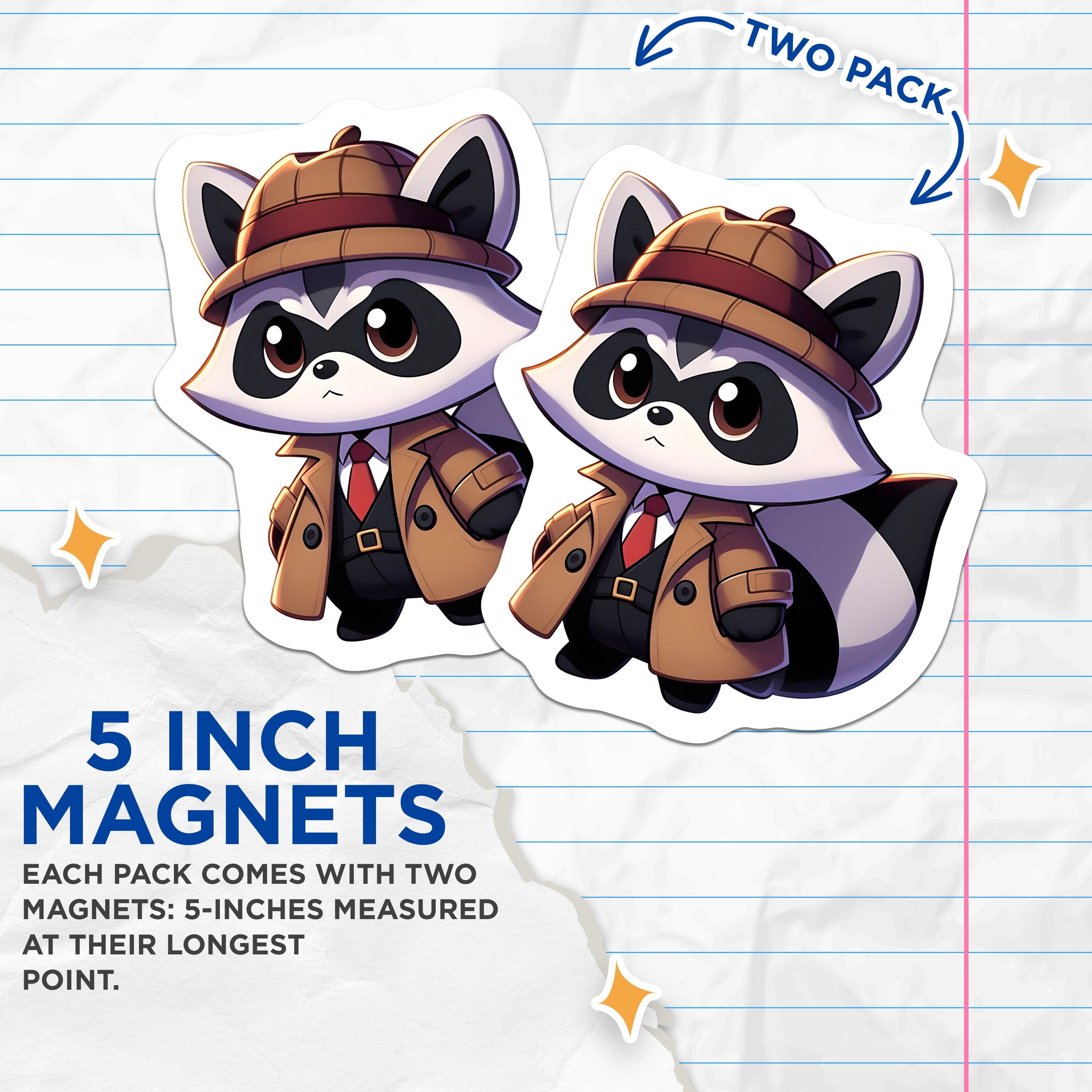 (2 Pack) Raccoon Detective Magnets - Kawaii Animal Mystery - Quirky Fridge Decor Accent - 5 Inches On Longest Side - Thick Durable Magnet - Made in USA - MAG38502