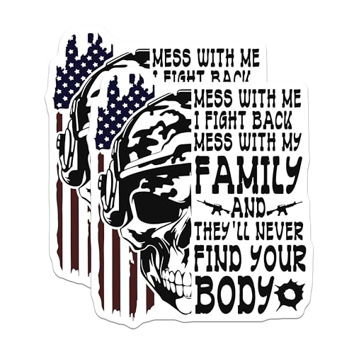 (2 Pack) Mess with Me I Fight Back Magnets - Family Protection Magnets - Skull Patriotic Magnets - 5" On Longest Side - for Cars, Refrigerators, Toolboxes, Lockers - Made in USA BMCS3427