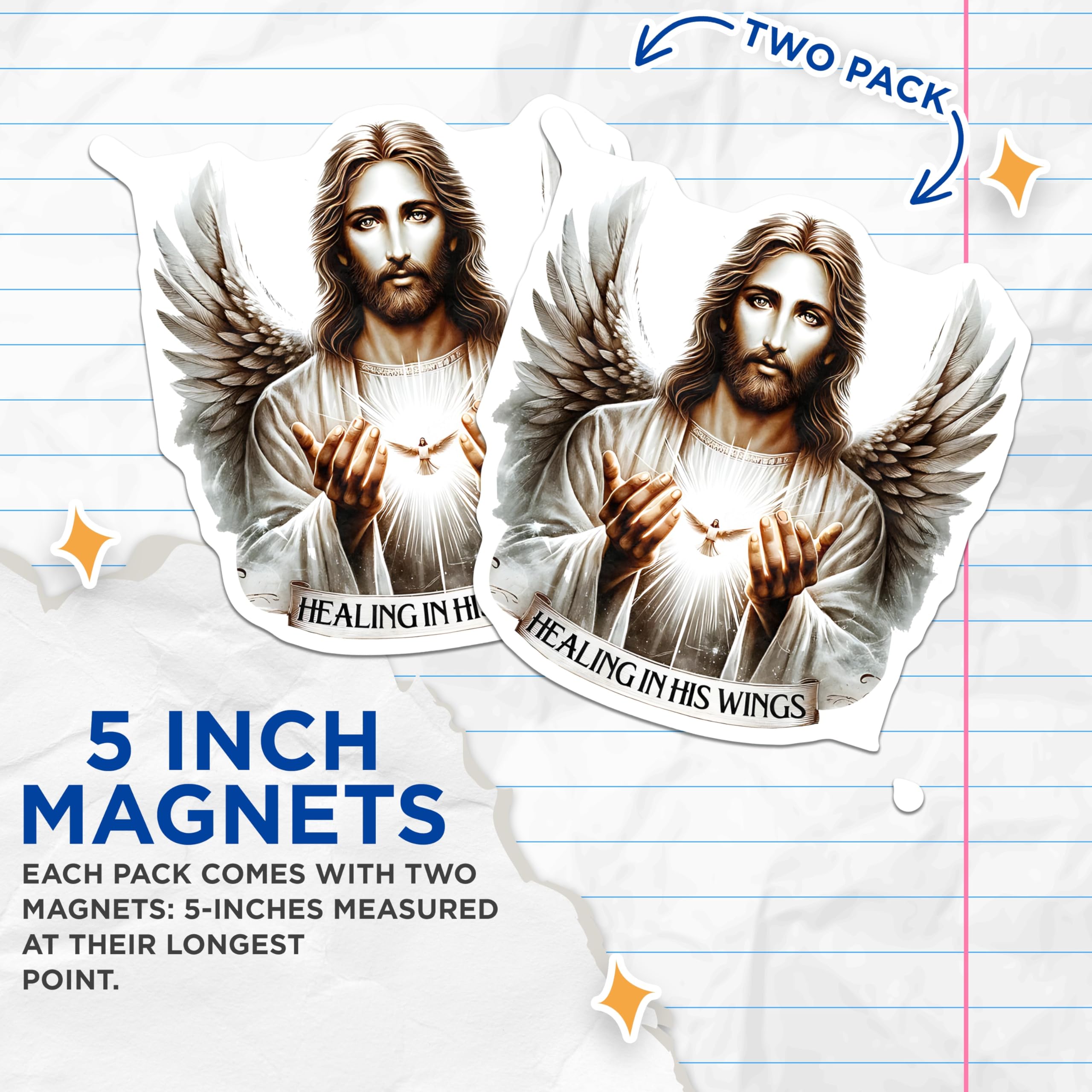 (2 Pack) Jesus Healing Wings Magnets - Christian Spiritual Faith Decor - Divine Comfort Inspiration Art - 5 Inches On Longest Side - Thick Durable Magnet - Made in USA - MAG30800