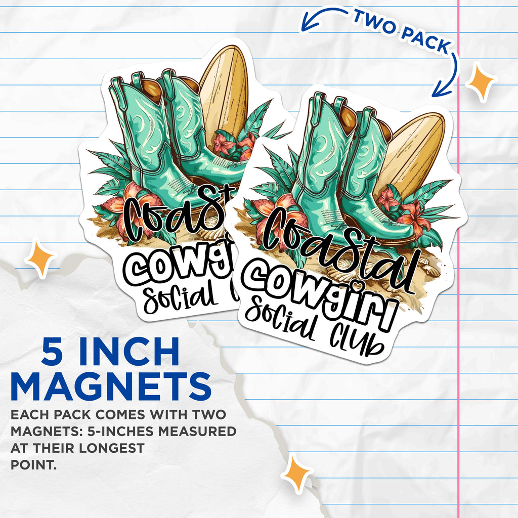 (2 Pack) Coastal Cowgirl Magnets - Western Beach Decor - Surf Boho Fridge Decor - 5 Inches On Longest Side - Thick Durable Magnet - Made in USA - MAG37147