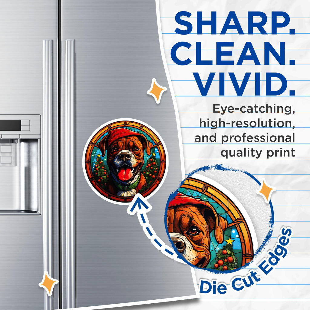 (2 Pack) Stained Glass Christmas Dog Magnets - Boxer Santa Hat Pet Decor - Holiday Animal Refrigerator Display - 5 Inches On Longest Side - Thick Durable Magnet - Made in USA - MAG23684