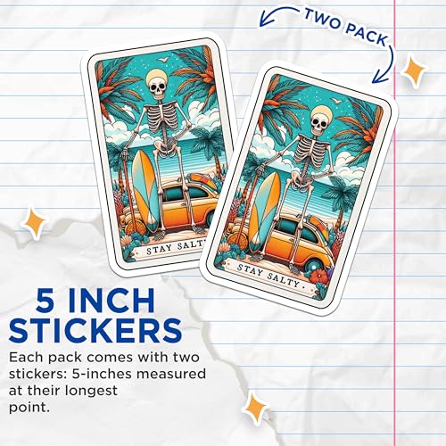 (2 Pack) Stay Salty Stickers - Skeleton Surf Stickers - Beach Vibes Decor - 5" On Longest Side - Sticks to Smooth Flat Surfaces - Made in USA - BMCS5327