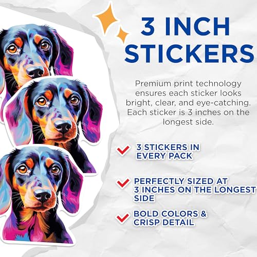 (3 Pack) Dachshund Dog Decals - Wiener Dog Lover - Colorful Pet Art - 3 Inches On Longest Side - Easy Peel & Apply - Made in USA - 3MCS0716
