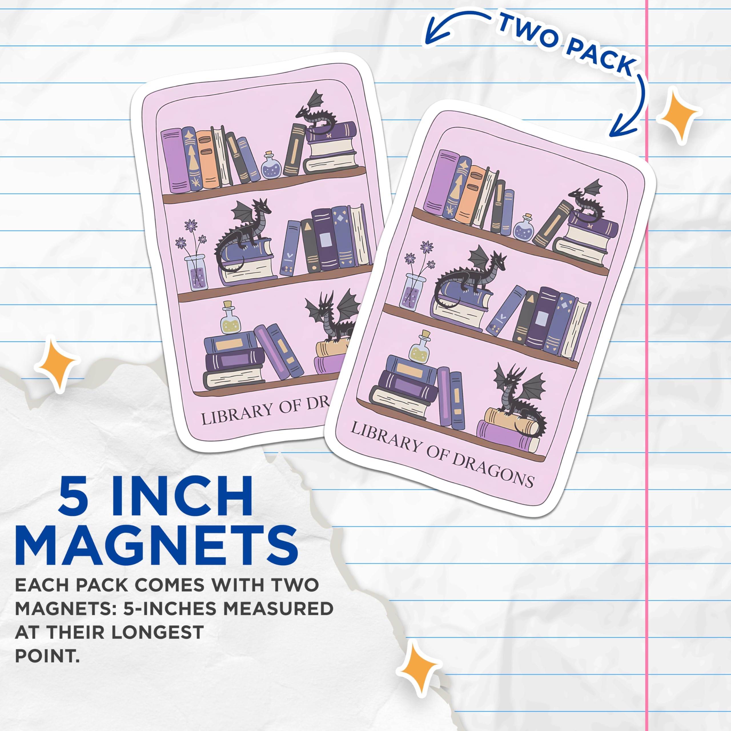 (2 Pack) Library of Dragons Magnets - Fantasy Book Shelf Decor - Whimsical Reader Art - Magical Refrigerator Display - 5 Inches On Longest Side - Thick Durable Magnet - Made in USA - MAG21516