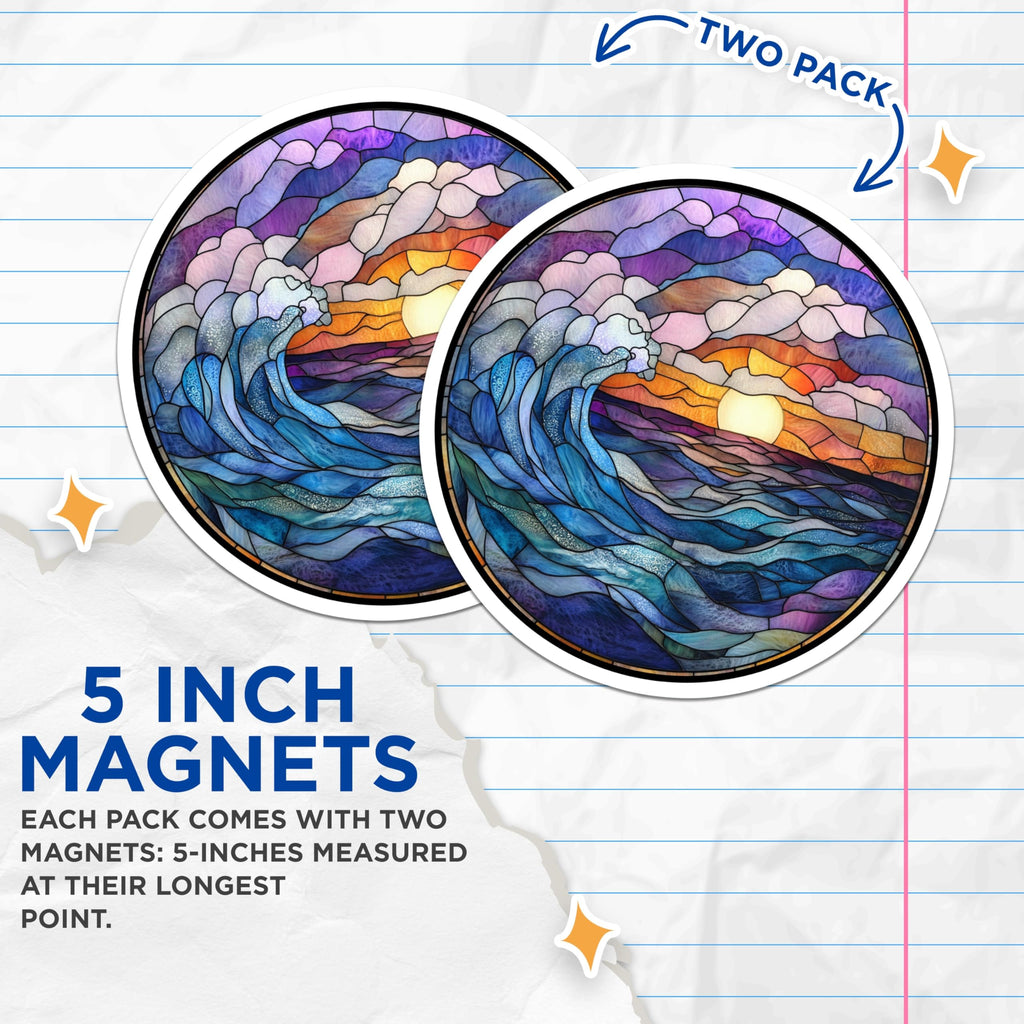 (2 Pack) Stained Glass Ocean Magnets - Sunset Wave Art - Coastal Decor Inspiration - 5 Inches On Longest Side - Thick Durable Magnet - Made in USA - MAG23410