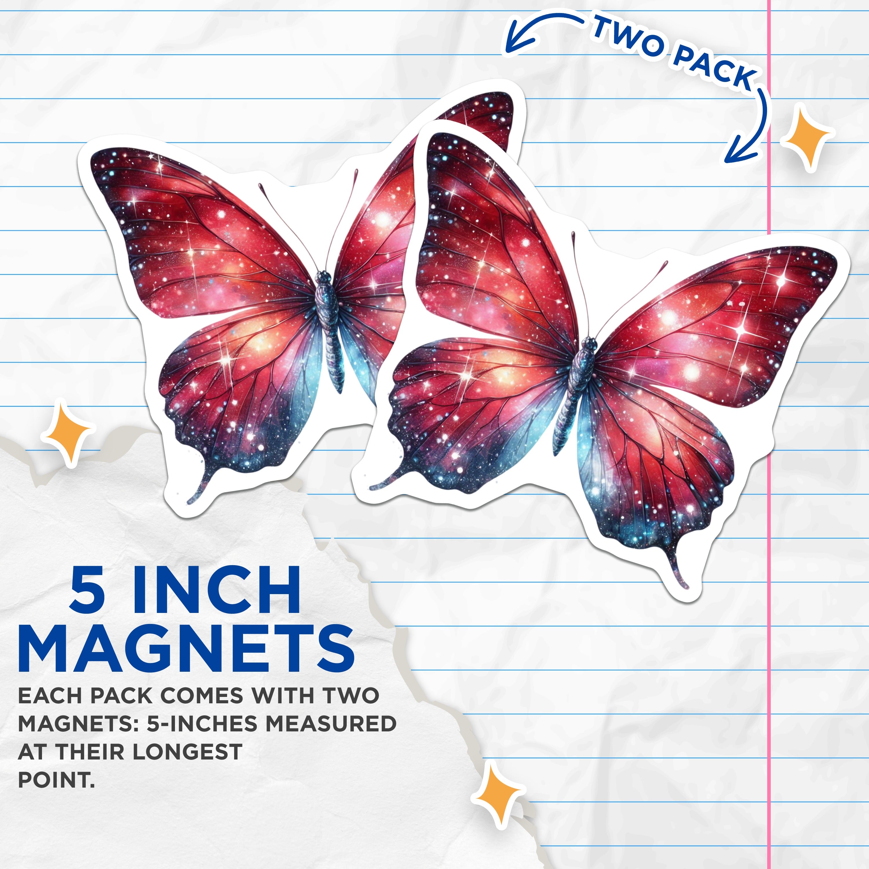 (2 Pack) Cosmic Butterfly Magnets - Galaxy Space Decor - Whimsical Nature Art - 5 Inches On Longest Side - Thick Durable Magnet - Made in USA - MAG36773
