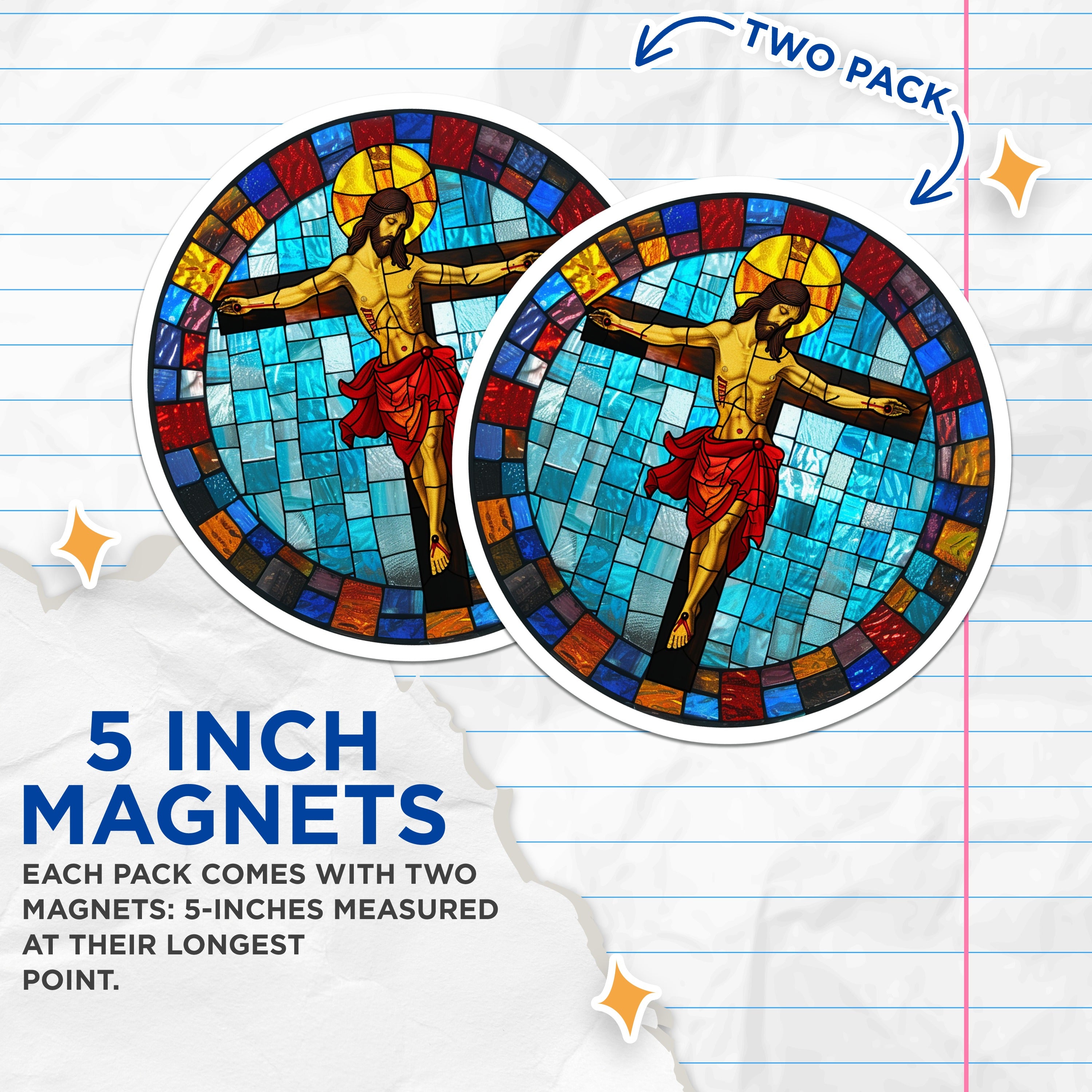 (2 Pack) Stained Glass Jesus Crucifixion Magnets - Christian Religious Art - Catholic Faith Decor - Spiritual Easter Symbol - 5 Inches On Longest Side - Thick Durable Magnet - Made in USA - MAG38779