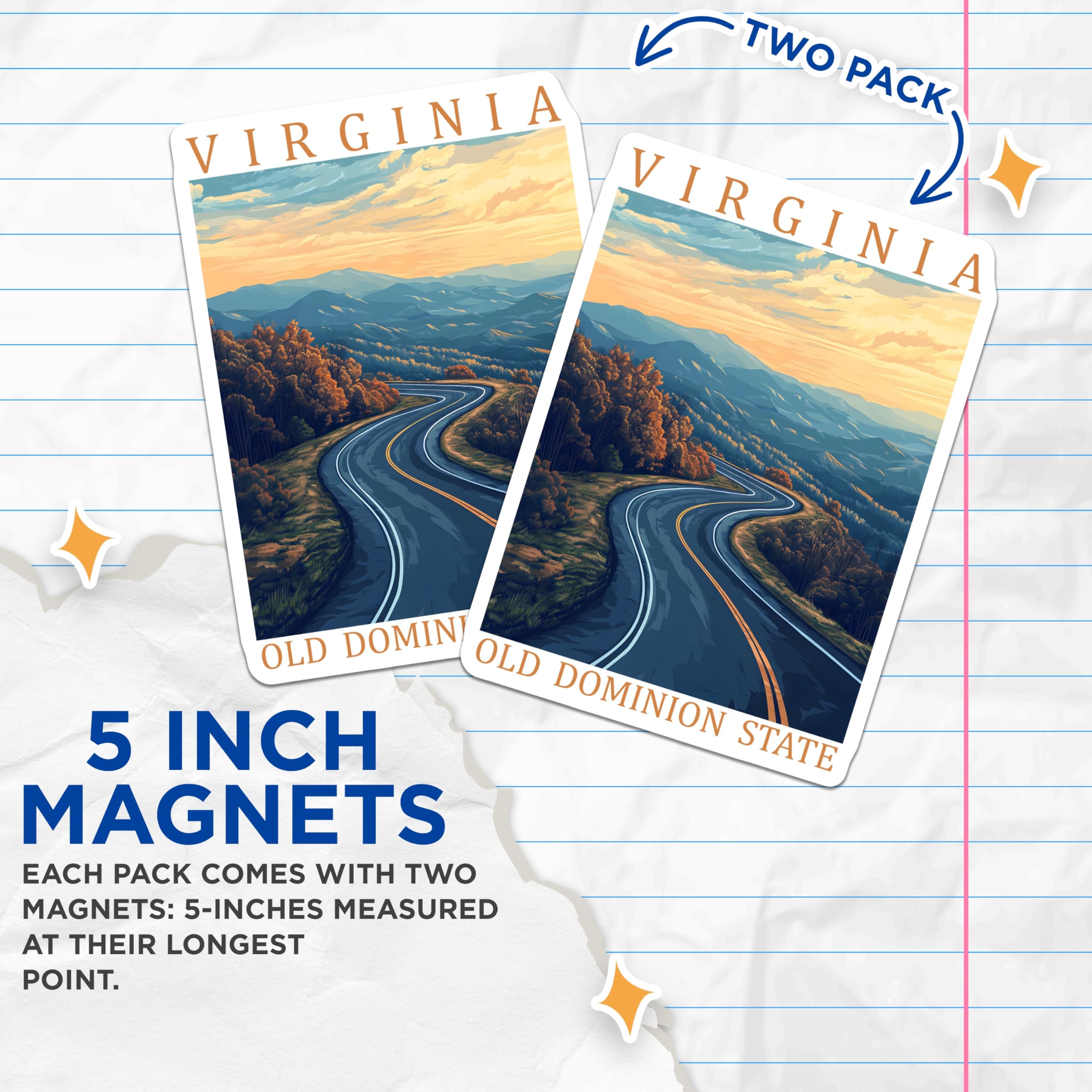 (2 Pack) Virginia Magnets - Mountain Road Art - Old Dominion Souvenir - 5" On Longest Side - Premium Magnet - for Cars, Refrigerators, Toolboxes, Lockers - Made in USA - MAG17920