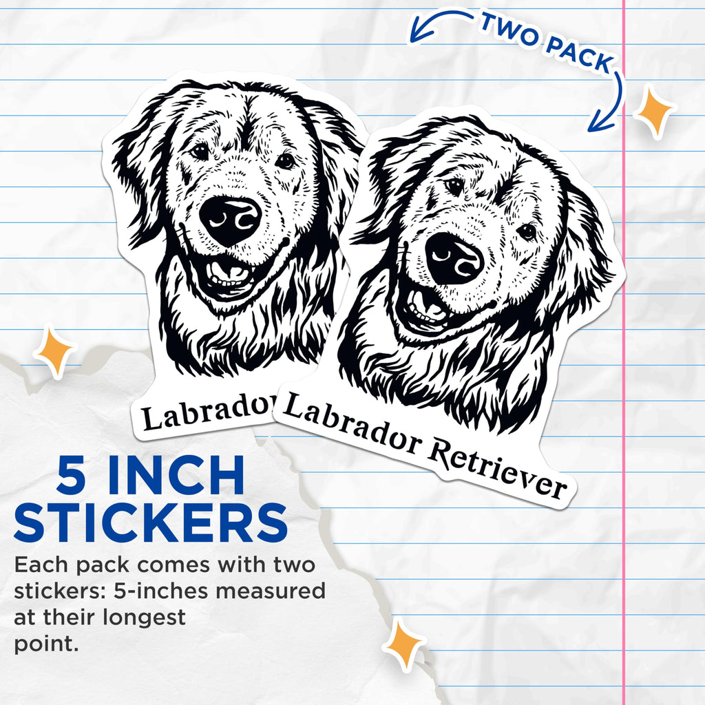(2 Pack) Labrador Retriever Stickers - Cute Dog Decals - Animal Lover Stickers - 5" On Longest Side - Sticks to Smooth Flat Surfaces - Made in USA - BMCS4014