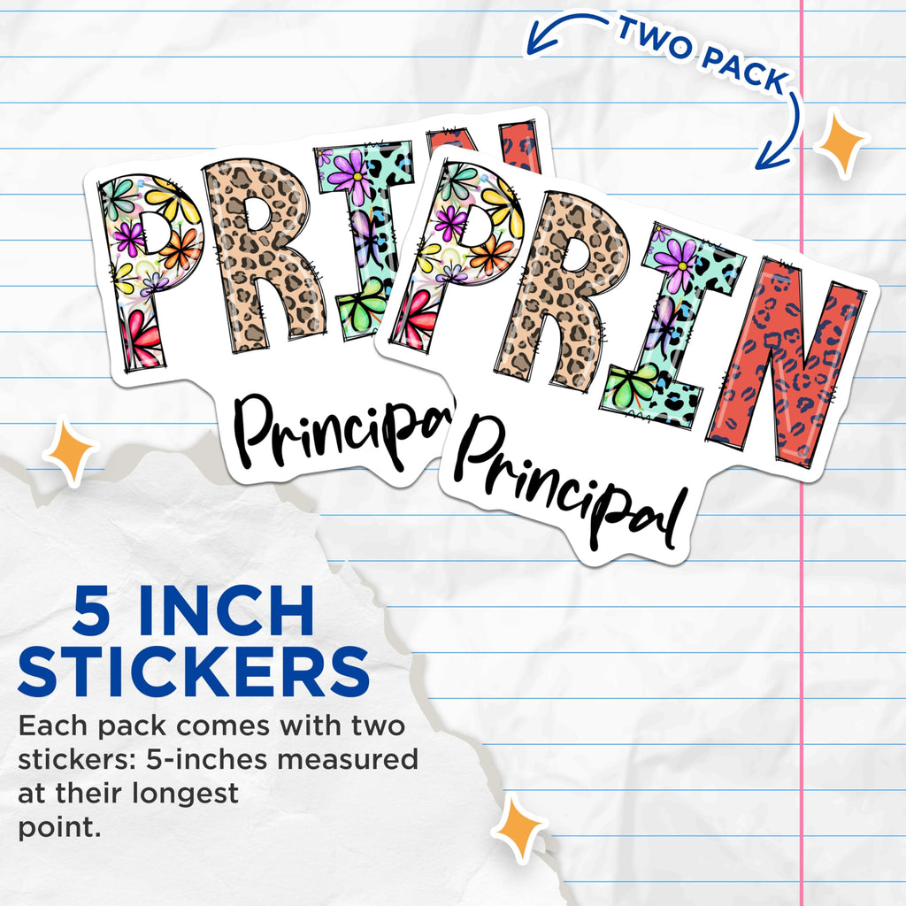(2 Pack) Principal Stickers - Floral Leopard Print - School Staff Appreciation- 5" On Longest Side - Sticks to Smooth Flat Surfaces - Made in USA - BMCS16063