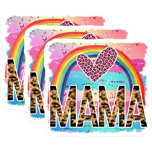 (3 Pack) Mama Rainbow Decals - Leopard Print Heart - Mom Laptop Decal - 3 Inches On Longest Side - Easy Peel & Apply - Made in USA - 3MCS4407