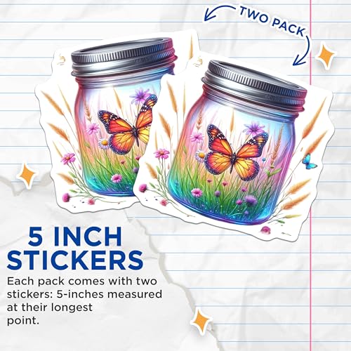 (2 Pack) Butterfly Jar Stickers - Nature Inspired Sticker - Colorful Butterfly Illustration Stickers - 5" On Longest Side - Sticks to Smooth Flat Surfaces - Made in USA - BMCS9361