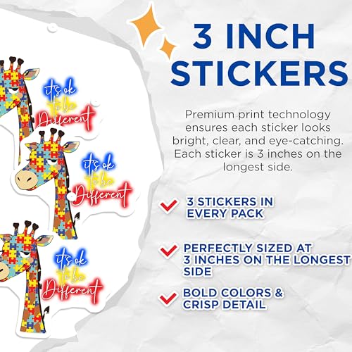 (3 Pack) Autism Awareness Decals - Giraffe Puzzle - Its Ok to Be Different- 3 Inches On Longest Side - Easy Peel & Apply - Made in USA - 3MCS5427