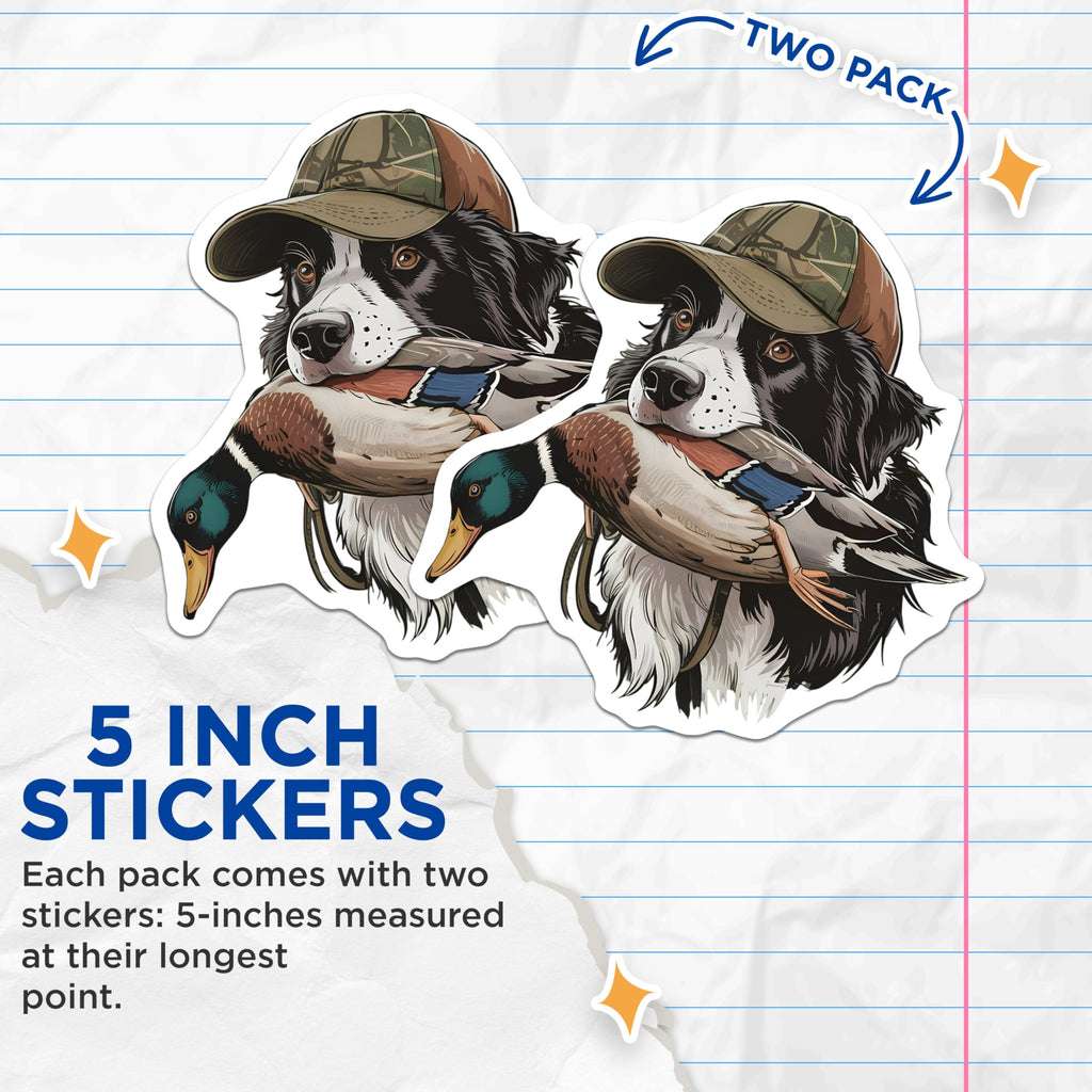 (2 Pack) Border Collie Hunting Stickers - Duck Retriever Dog - Waterfowl Hunter Decal - 5" On Longest Side - Sticks to Smooth Flat Surfaces - Made in USA - BMCS20091