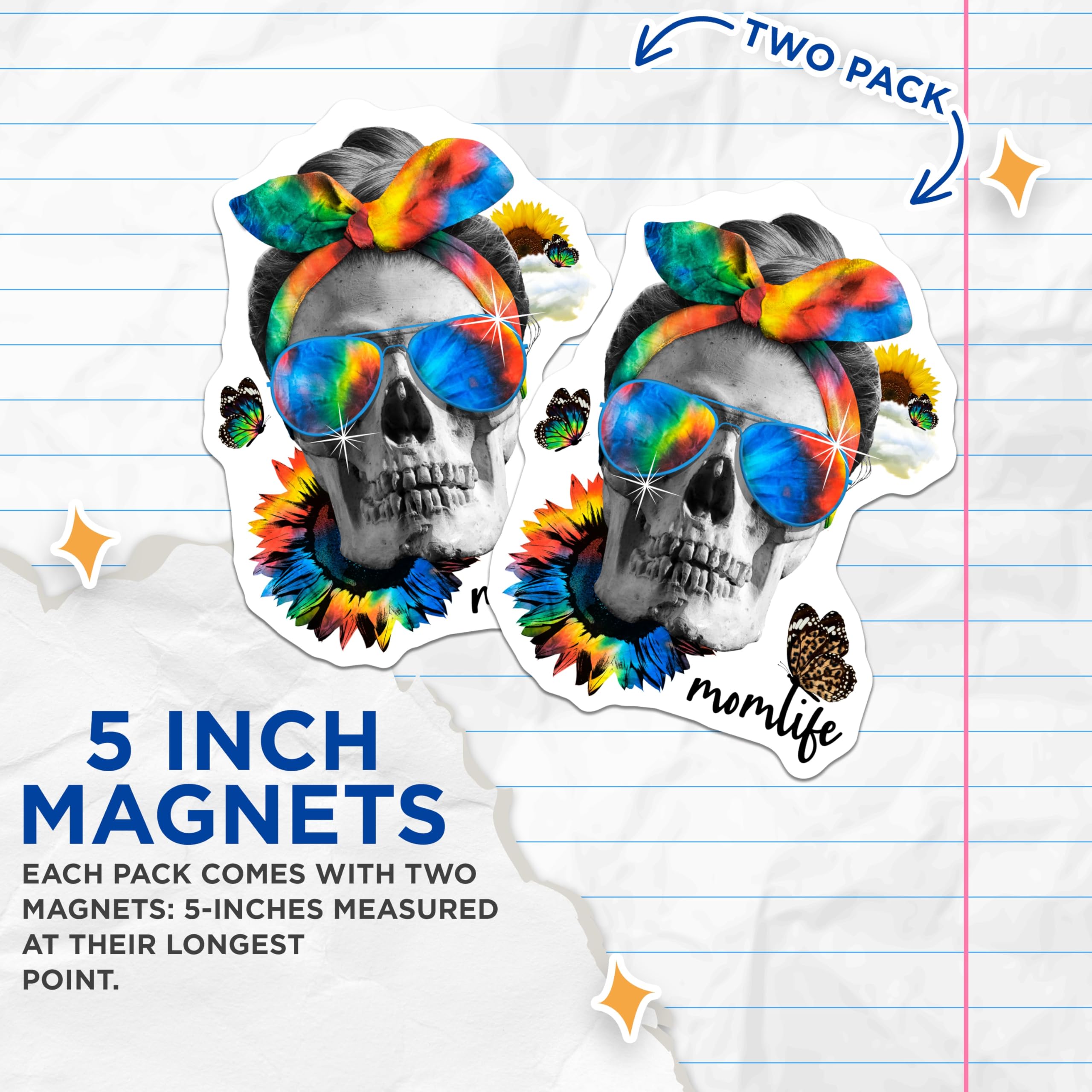 (2 Pack) Momlife Skull Magnets - Tie Dye Rainbow Aesthetic - Sunflower Butterfly Boho Decor - 5 Inches On Longest Side - Thick Durable Magnet - Made in USA - MAG19368