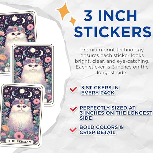 (3 Pack) Persian Cat Decals - Floral Crown - Cosmic Cat Laptop Decal - 3 Inches On Longest Side - Easy Peel & Apply - Made in USA - 3MCS4021