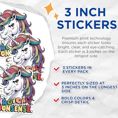 (3 Pack) Unicorn Laptop Decals - Too Magical Nonsense - Rainbow Mane Decal - 3 Inches On Longest Side - Easy Peel & Apply - Made in USA - 3MCS0891