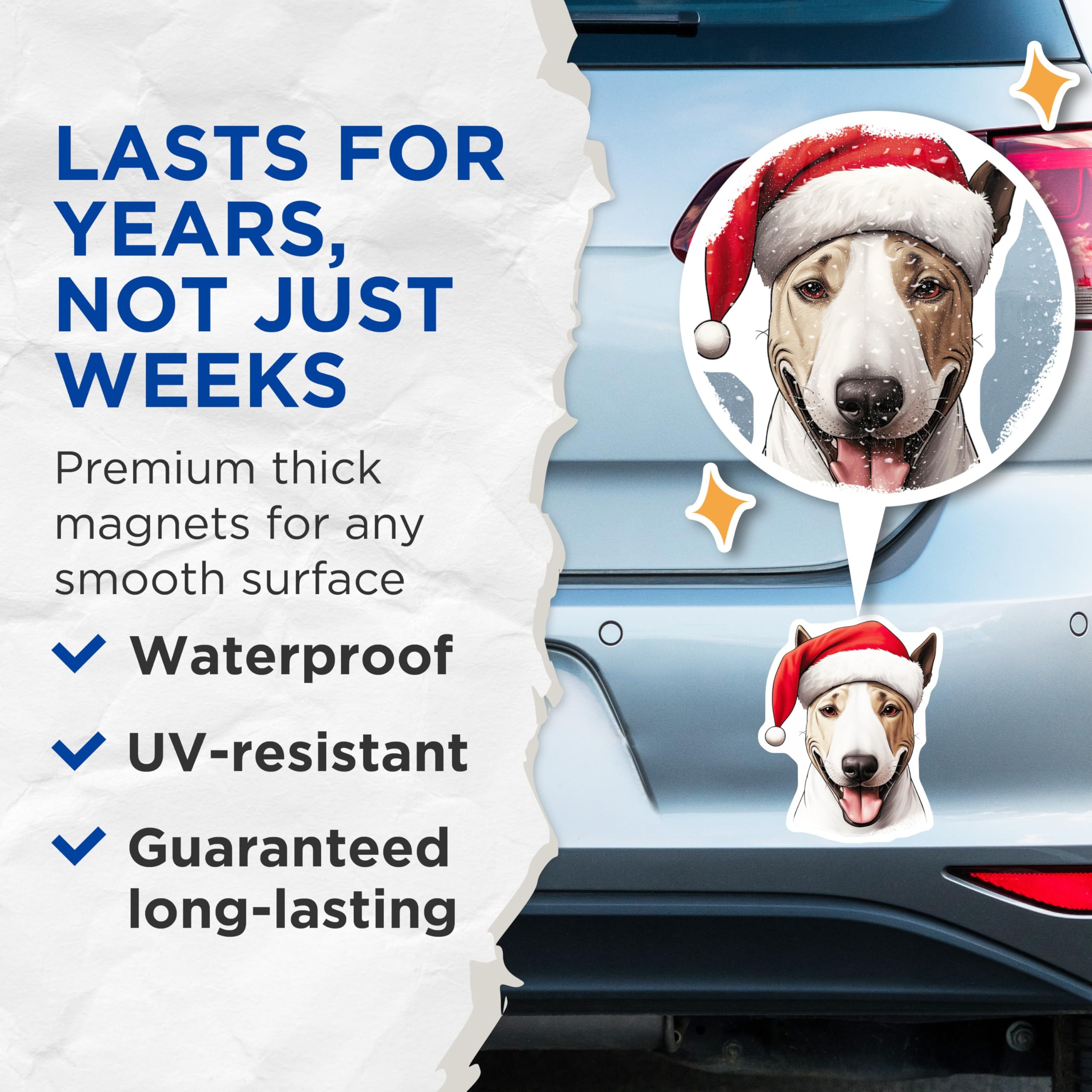 (2 Pack) Bull Terrier Christmas Magnets - Santa Hat Dog Art - Holiday Pet Decor - Funny Animal Fridge Magnet - 5 Inches On Longest Side - Thick Durable Magnet - Made in USA - MAG27424